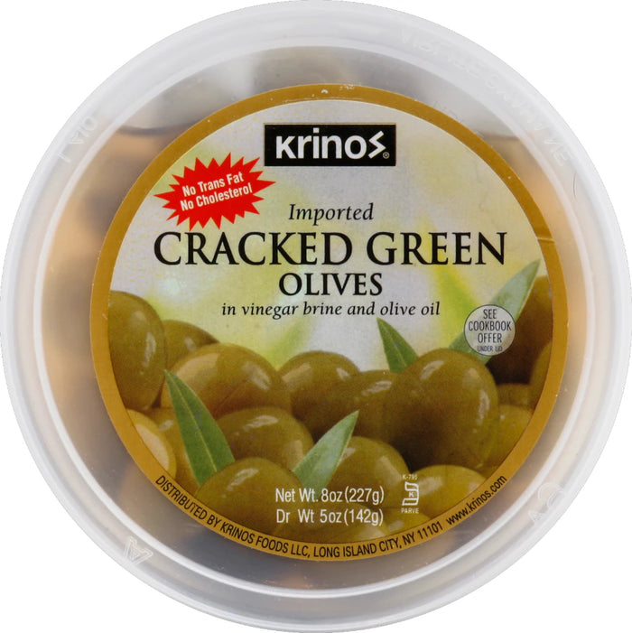 KRINOS Cracked Green Olives 16oz cup