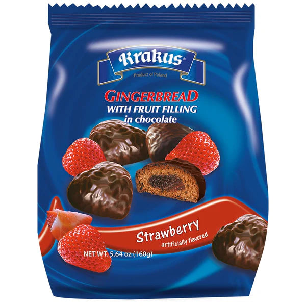 Krakus Gingerbread Fruit Filling Covered in Chocolate, Strawberry filling - 5.64 oz (160g)