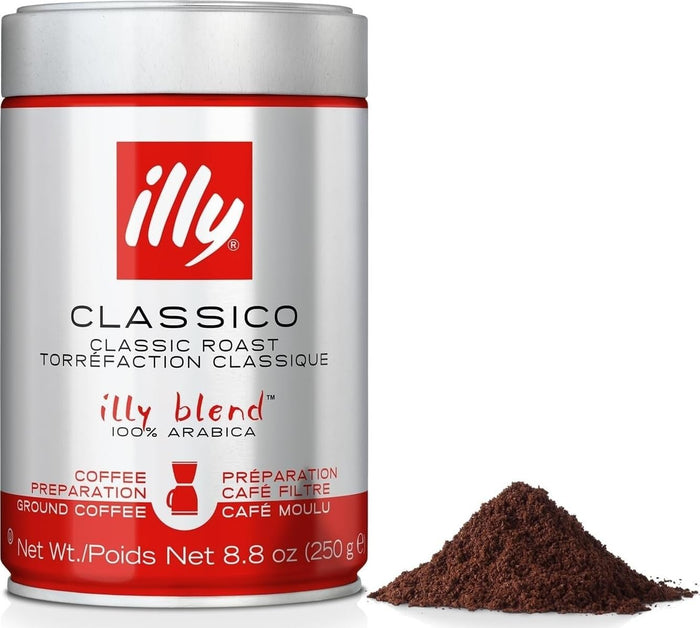 Illy Classico Ground Drip Coffee, Medium Roast, Classic Roast With Notes Of Chocolate & Caramel, 100% Arabica Coffee, No Preservatives, 8.8 Ounce