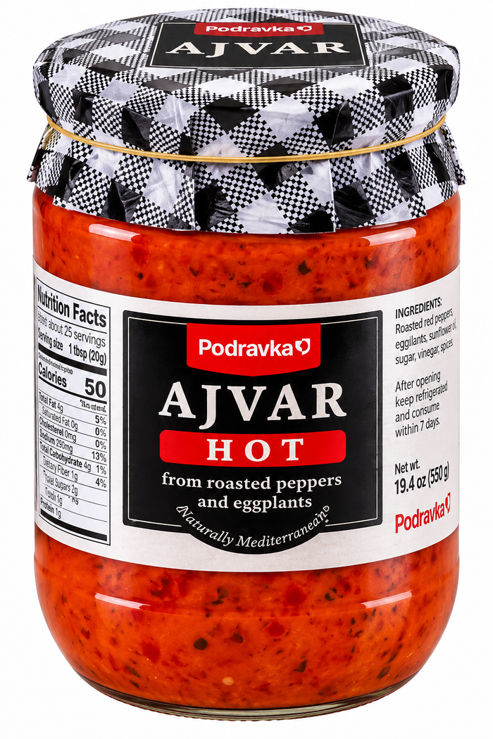 Homemade Ajvar from Roasted Peppers and Eggplants, Hot (Podravka) 540g